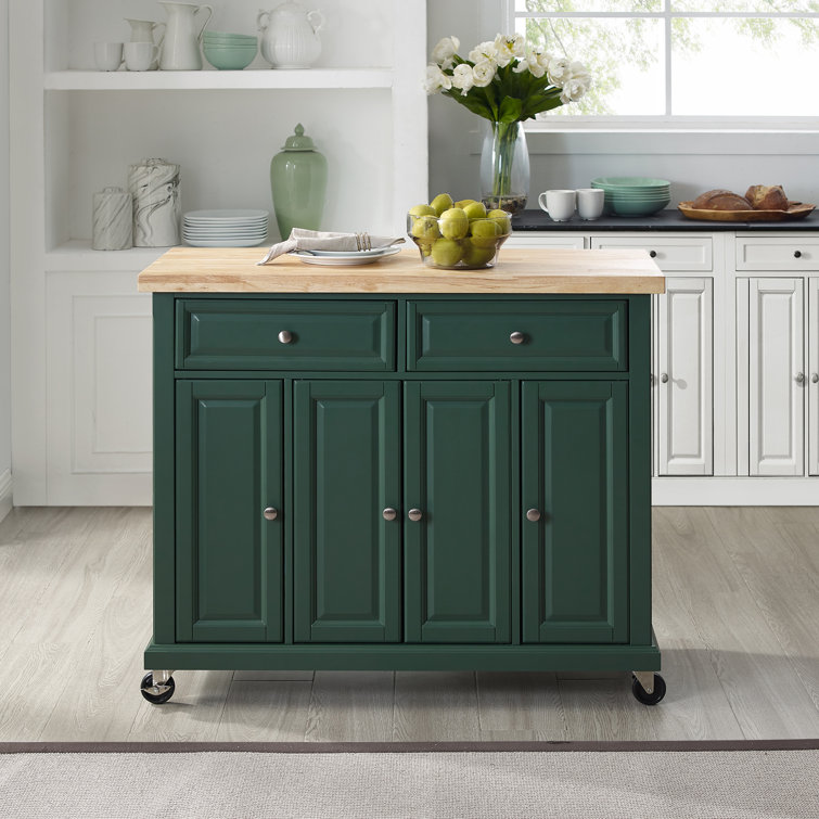 Emerald Green Birch Wood Kitchen Island Cart with Storage