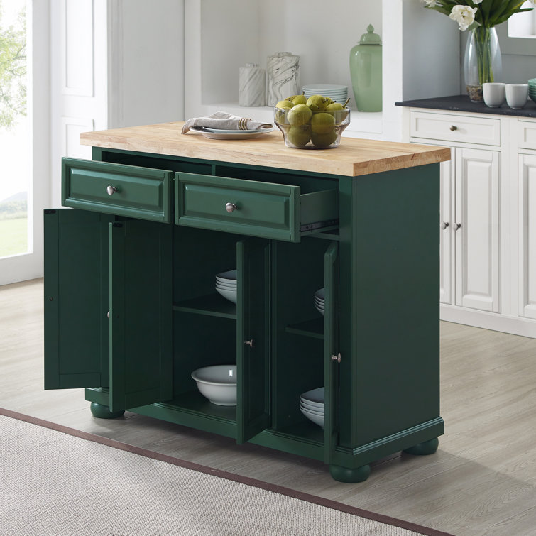 Emerald Green Birch Wood Kitchen Island Cart with Storage