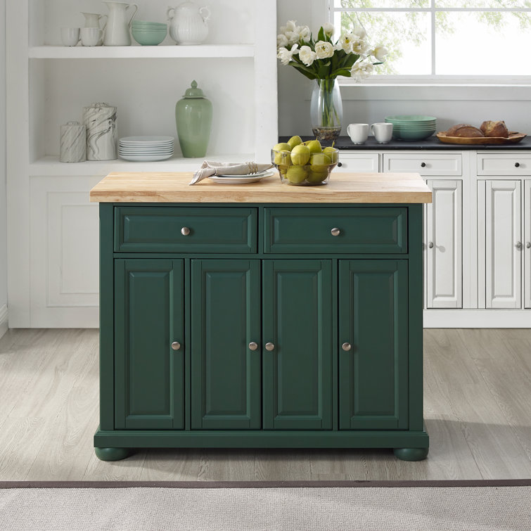 Emerald Green Birch Wood Kitchen Island Cart with Storage