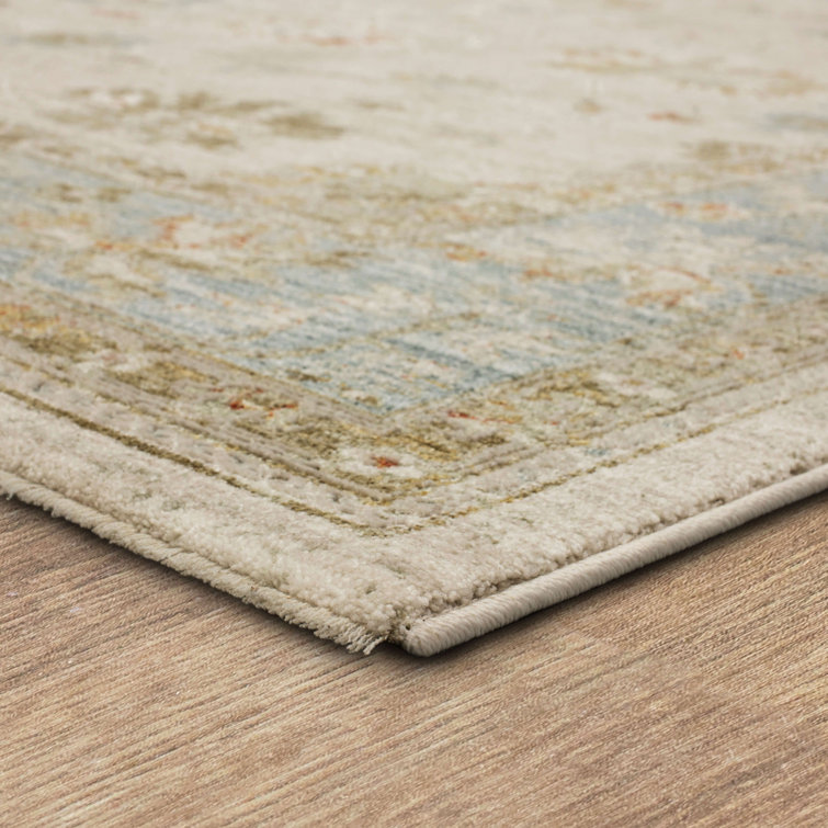 Cream and Blue Synthetic Stain-Resistant Area Rug, 10' x 14'