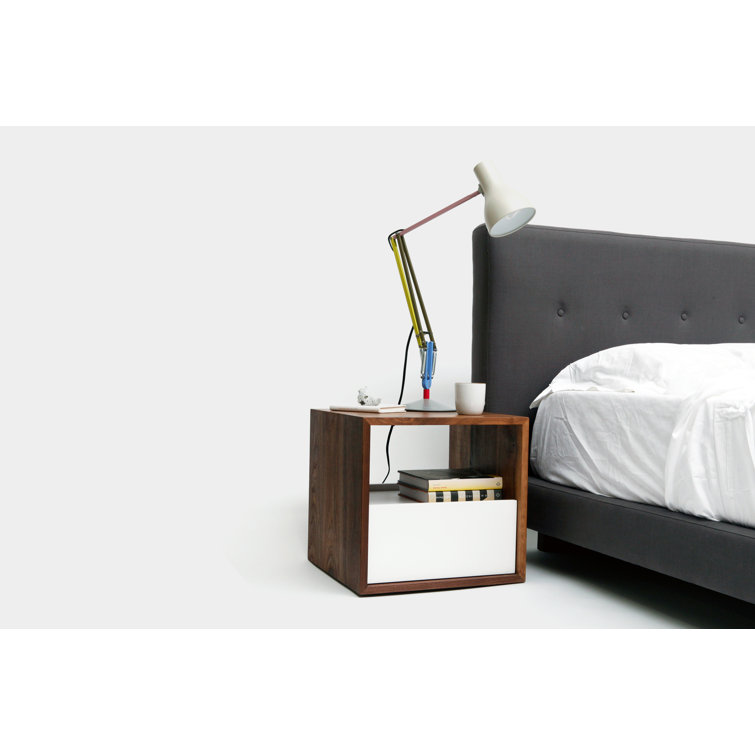 Walnut and White Solid Wood Nightstand with Drawer