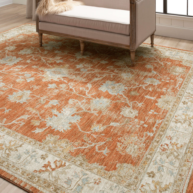 Rust and Gray Stain-Resistant Synthetic Rectangular Area Rug