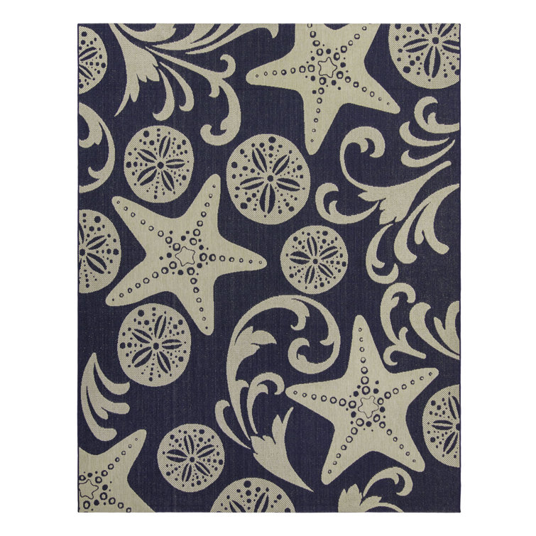Navy and Beige Nautical Starfish Flatweave Outdoor Rug 6'6" x 9'6"