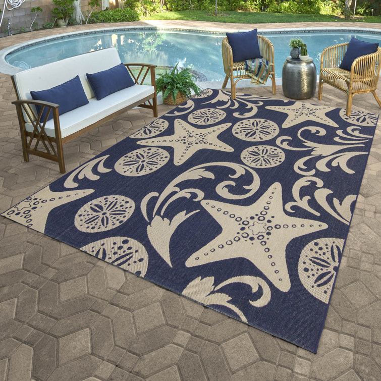 Navy and Beige Nautical Starfish Flatweave Outdoor Rug 6'6" x 9'6"