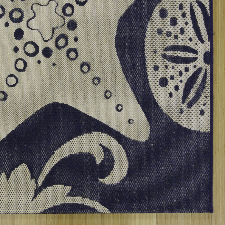 Navy and Beige Nautical Starfish Flatweave Outdoor Rug 6'6" x 9'6"