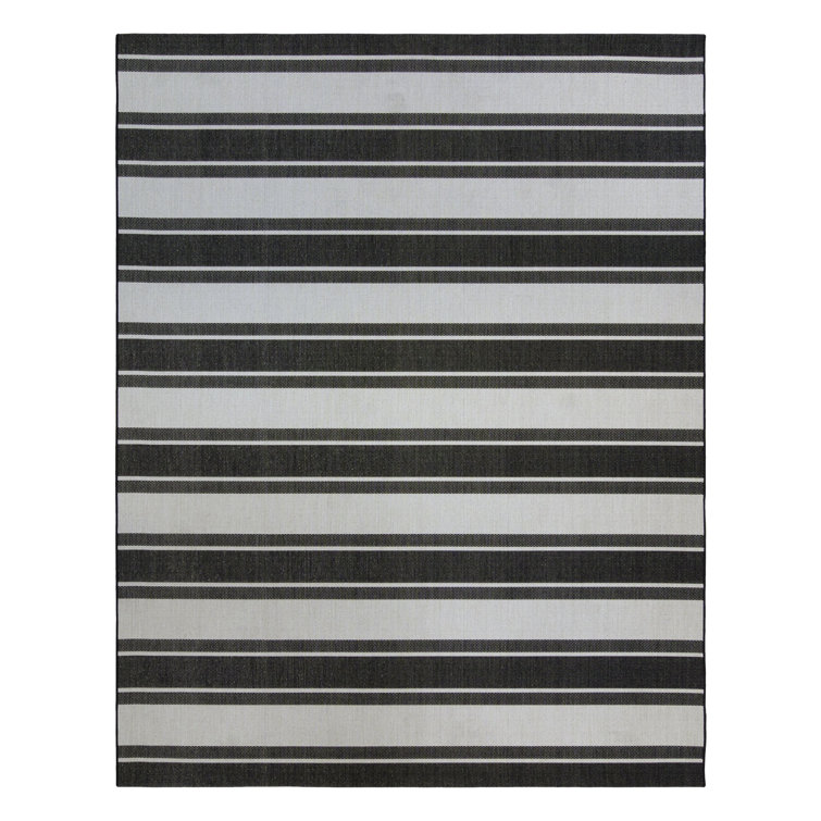 Coastal Charm Black and White Stripe 9' x 12' Synthetic Area Rug