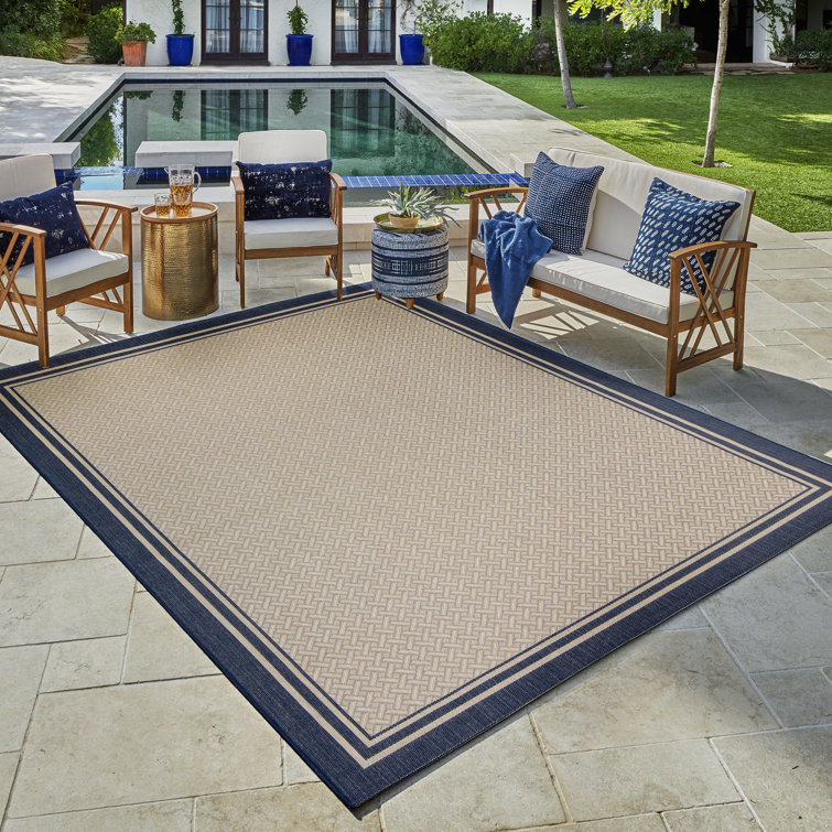 Navy and Sand Rectangular Synthetic Outdoor Rug, 6' x 9'