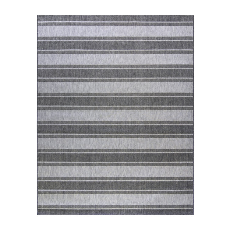 Gray and White Striped Synthetic Indoor/Outdoor Rug 5' x 7'