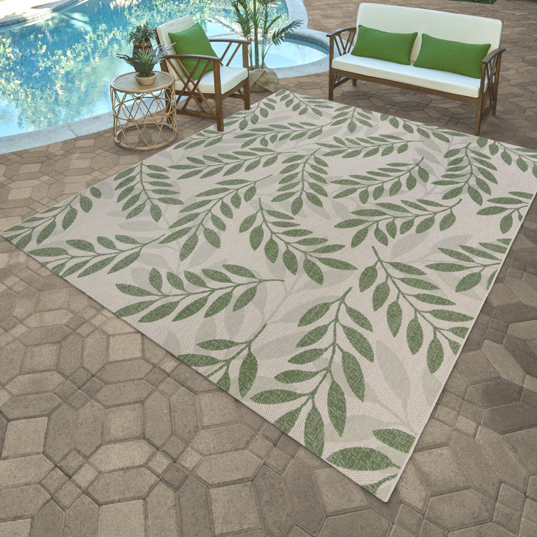 Large Beige and Green Synthetic Flatweave Outdoor Rug