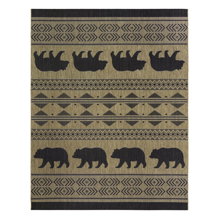 Chestnut Brown and Black Synthetic Bear Print Outdoor Rug