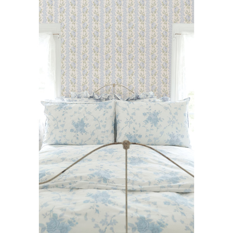 Blue and Cream Floral Non-pasted Washable Wallpaper Roll