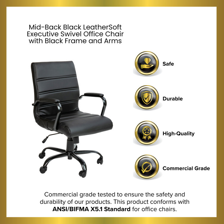 Modern Mid-Back Black LeatherSoft Swivel Executive Chair with Metal Arms
