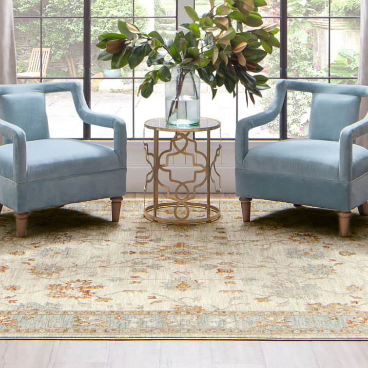 Cream and Blue Synthetic Stain-Resistant Area Rug, 10' x 14'