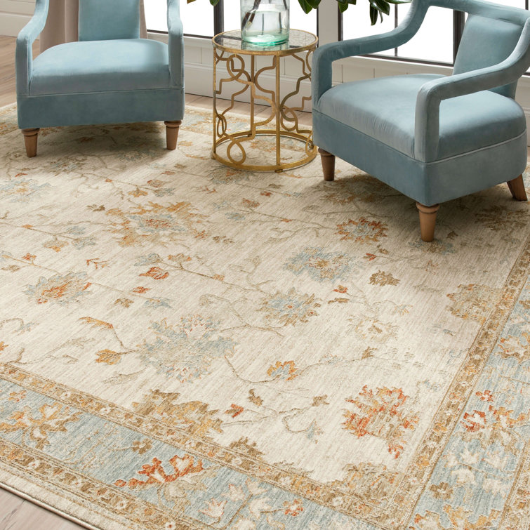 Cream and Blue Synthetic Stain-Resistant Area Rug, 10' x 14'