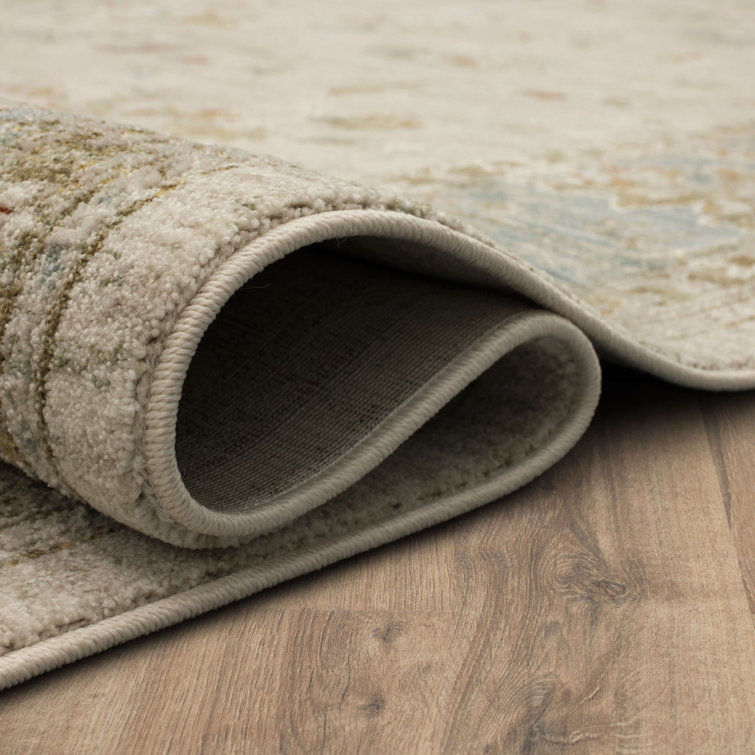 Cream and Blue Rectangular Synthetic Area Rug