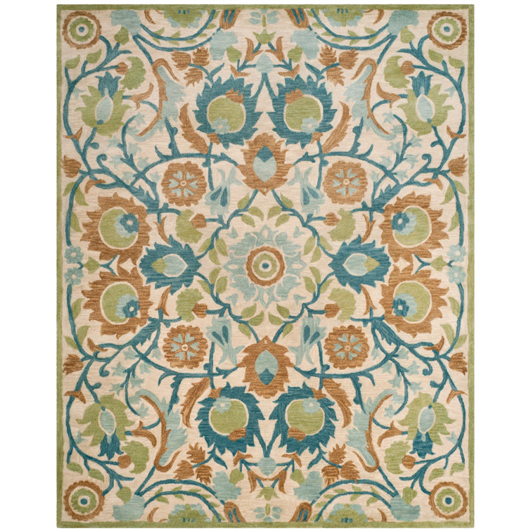 Ivory and Green Hand Tufted Wool Floral Area Rug 4'x6'