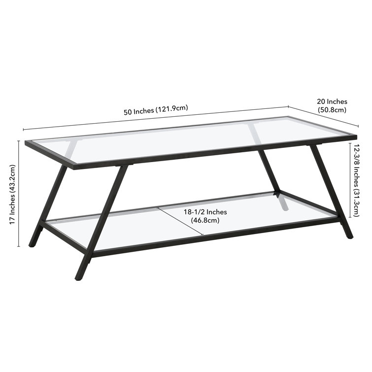 Blackened Bronze 48" Rectangular Metal & Glass Coffee Table with Shelf