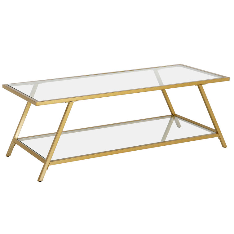 48" Brass and Glass Rectangular Coffee Table with Shelf