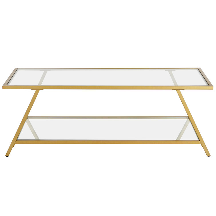 48" Brass and Glass Rectangular Coffee Table with Shelf