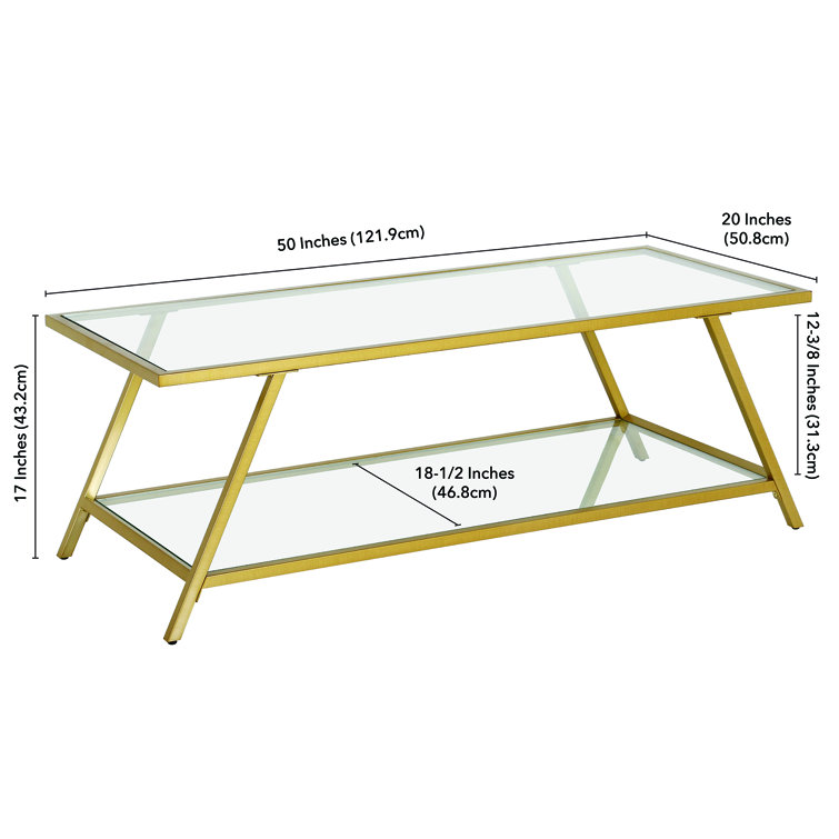 48" Brass and Glass Rectangular Coffee Table with Shelf