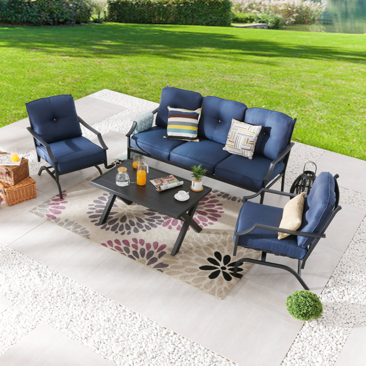 Blue Cushioned 5-Person Metal Outdoor Seating Set