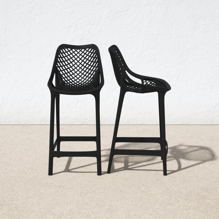 Black Plastic Outdoor Bar Stools with Footrest, Set of 2
