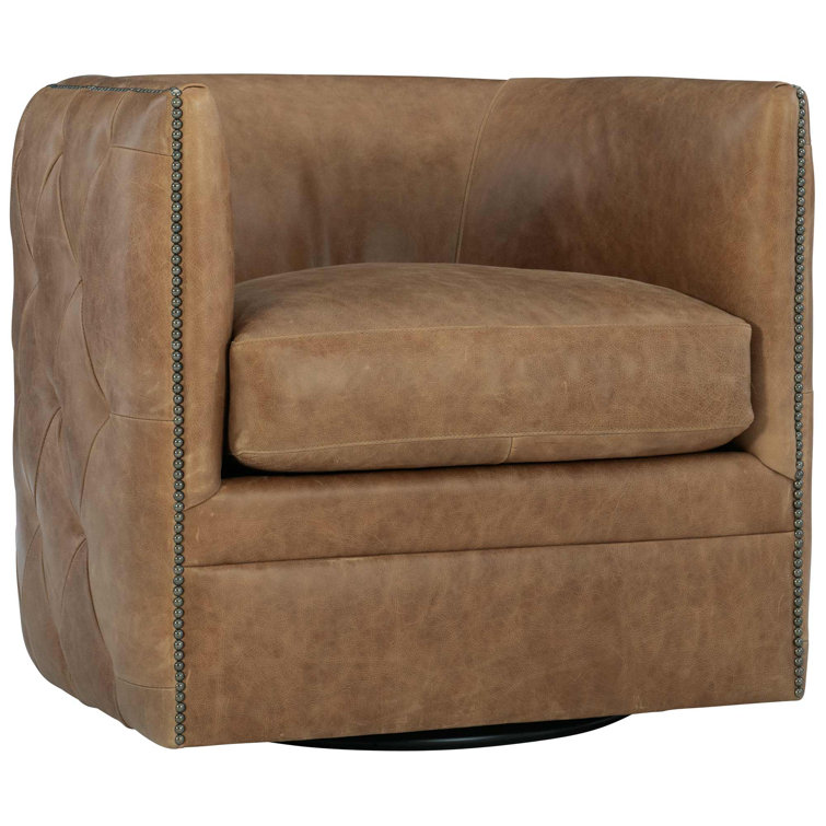 Palazzo Light Grey Genuine Leather Swivel Barrel Accent Chair
