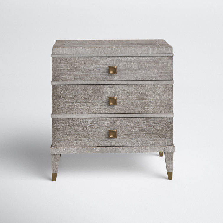 Transitional Brown Oak 3-Drawer Nightstand with Brass Accents