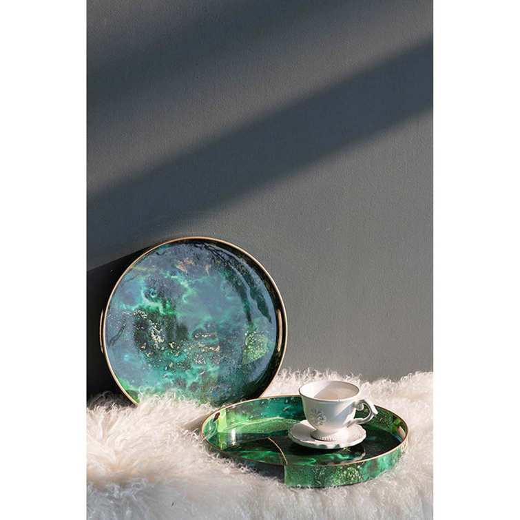 Emerald Elegance Marbled Plastic Serving Tray Set with Cut-Out Handles