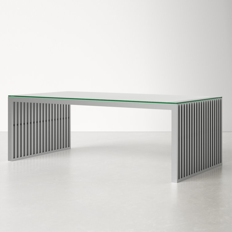 Gridiron 39.5" Square Stainless Steel and Glass Outdoor Coffee Table