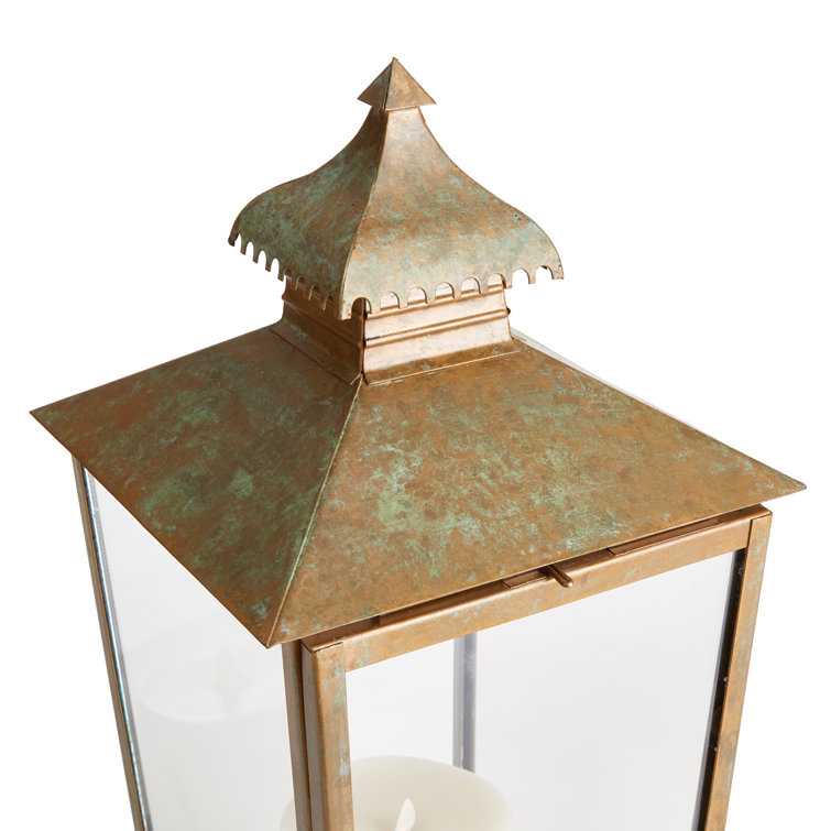 Patina Iron and Glass Pagoda Candle Lantern