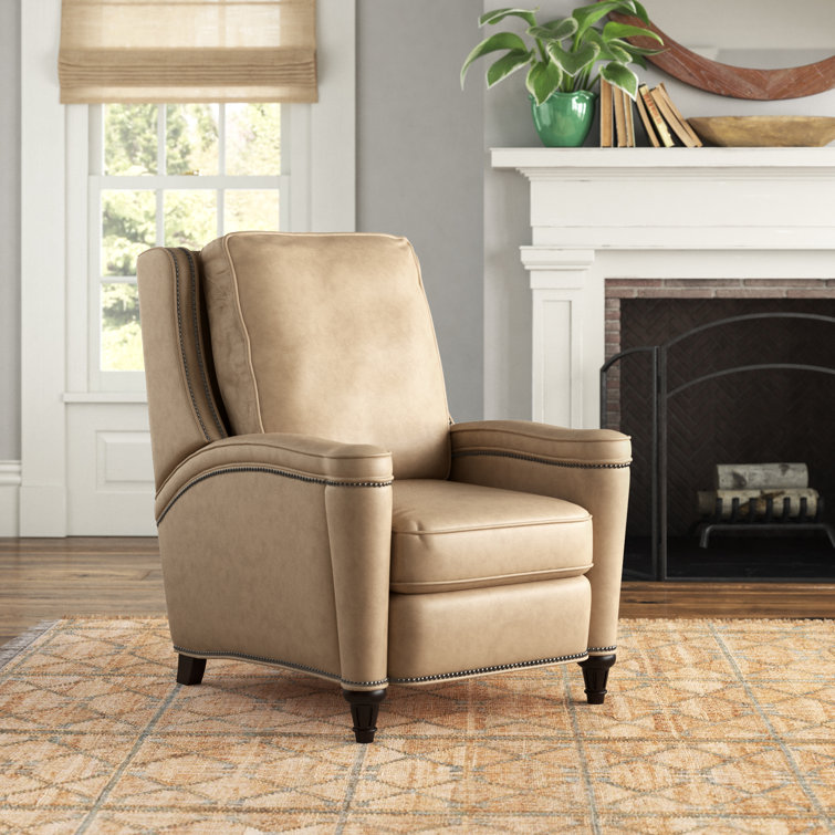 Handcrafted Beige Leather and Wood Traditional Recliner