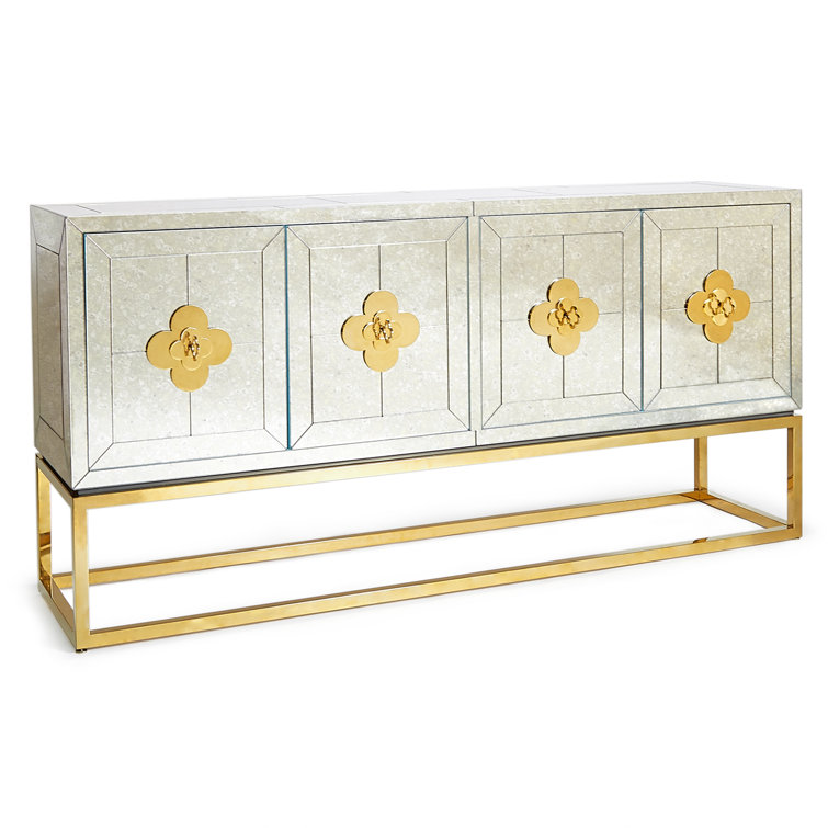 Antiqued Mirror and Brass Four-Door Credenza