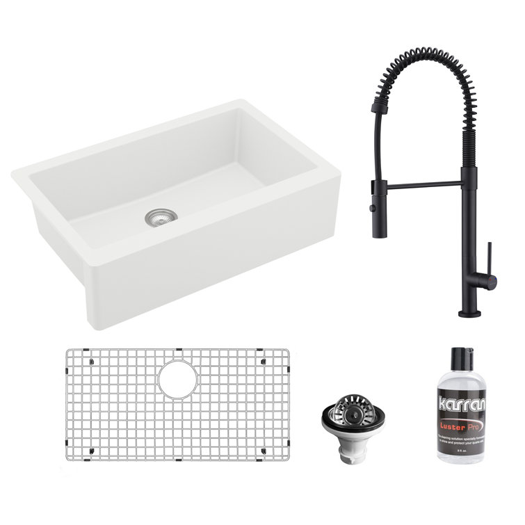 White Quartz Single Bowl Farmhouse Sink with Matte Black Faucet