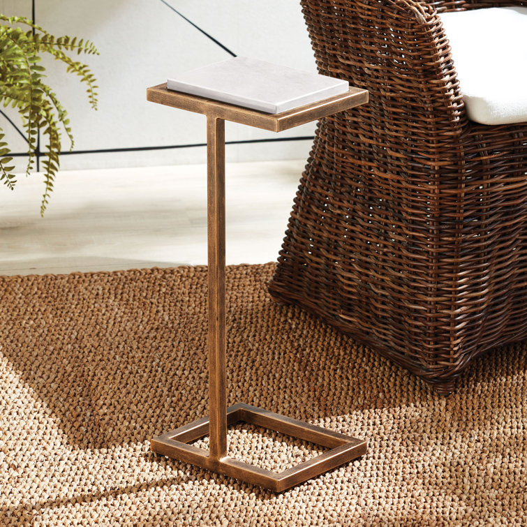 Petite White Stone and Antique Gold Metal Accent Table