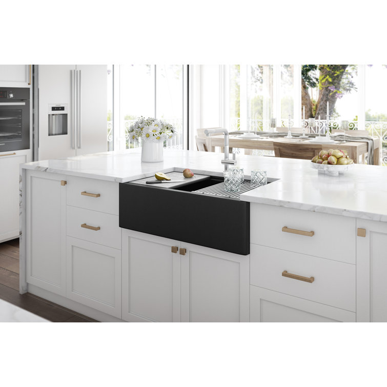 Midnight Black Granite Farmhouse Workstation Sink with Accessories