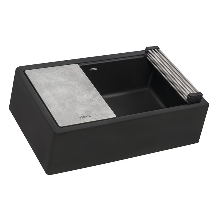 Midnight Black Granite Farmhouse Workstation Sink with Accessories