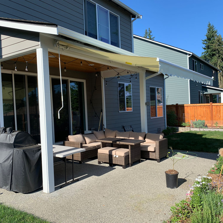 Burgundy Motorized Retractable Patio Awning with White Frame