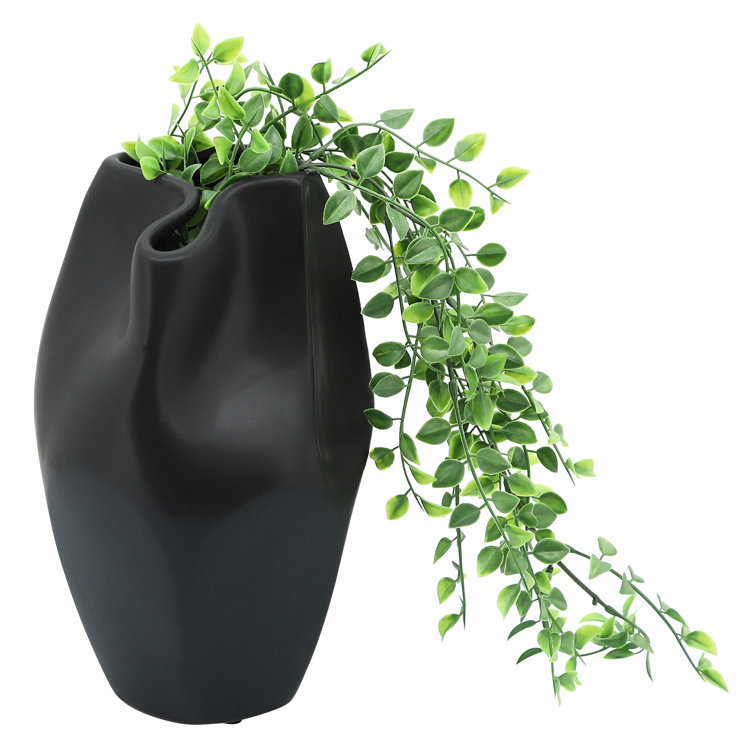 Black Ceramic Abstract Design Table Vase, 10" Height