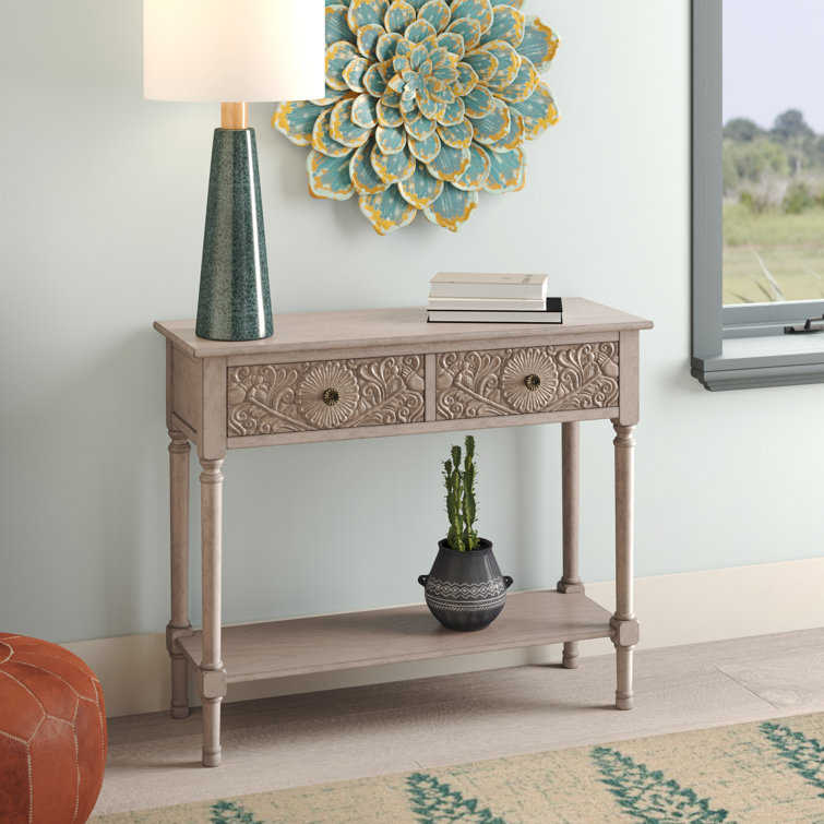 Josie Elegantly Carved Greige Wood & Metal 40'' Console Table with Storage