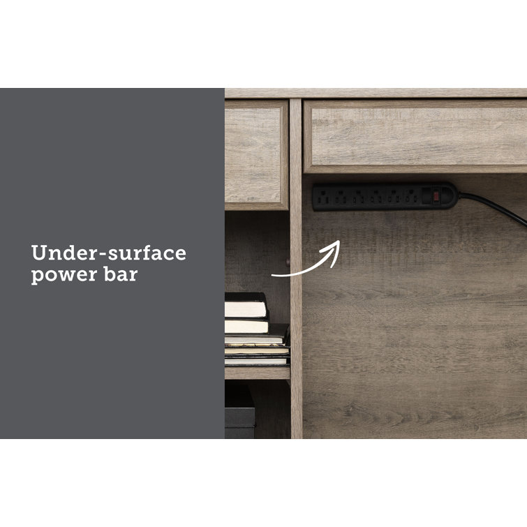Executive Weathered Oak Computer Desk with Power Outlet and Storage