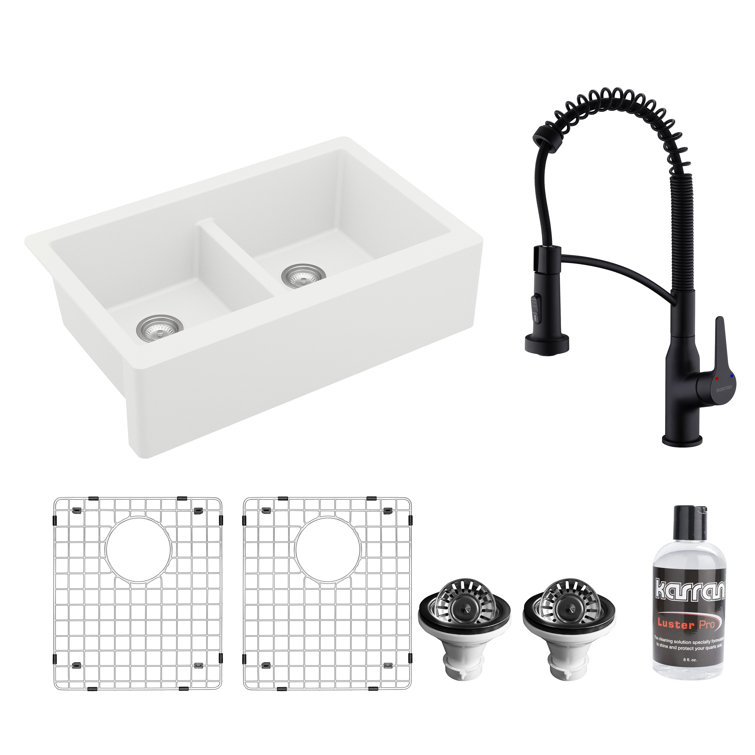 White Quartz 34'' Double Bowl Farmhouse Apron Kitchen Sink