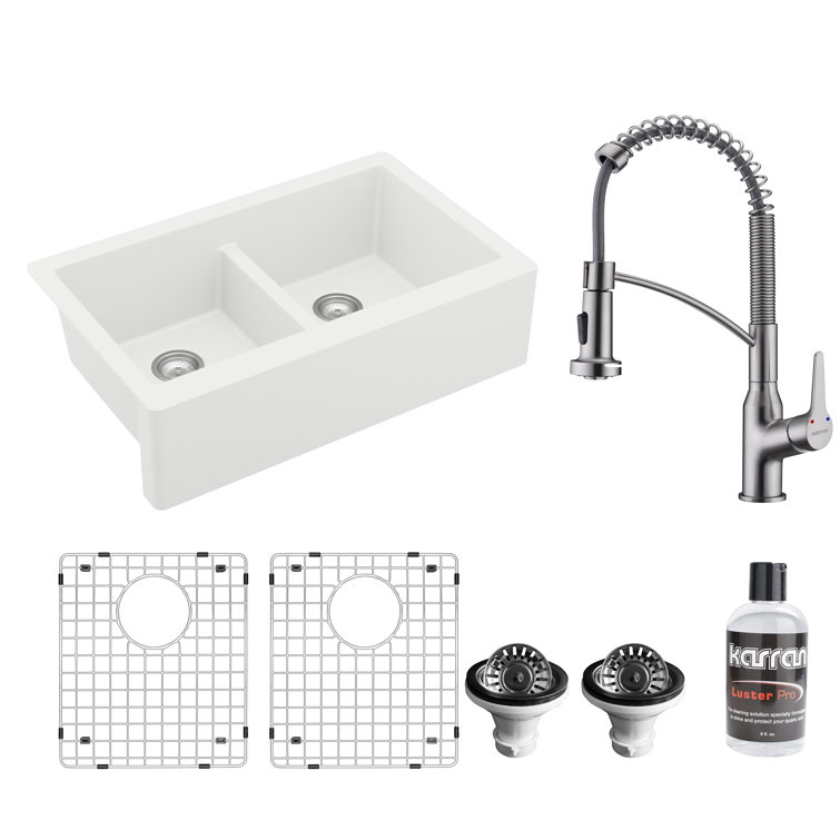 White Quartz Double Bowl Farmhouse Kitchen Sink with Stainless Steel Faucet