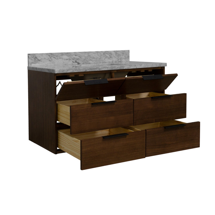 Walnut and Carrara Marble 42'' Single Wall-Mount Bathroom Vanity