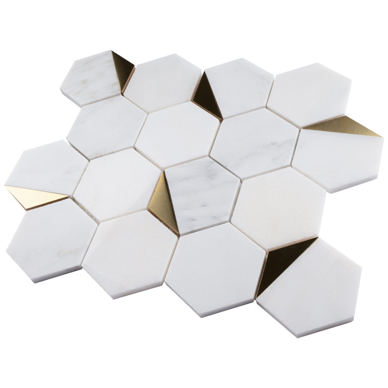White and Gold Hexagon Marble Mosaic Wall Tile