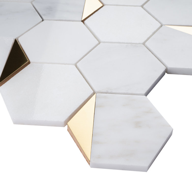 White and Gold Hexagon Marble Mosaic Wall Tile
