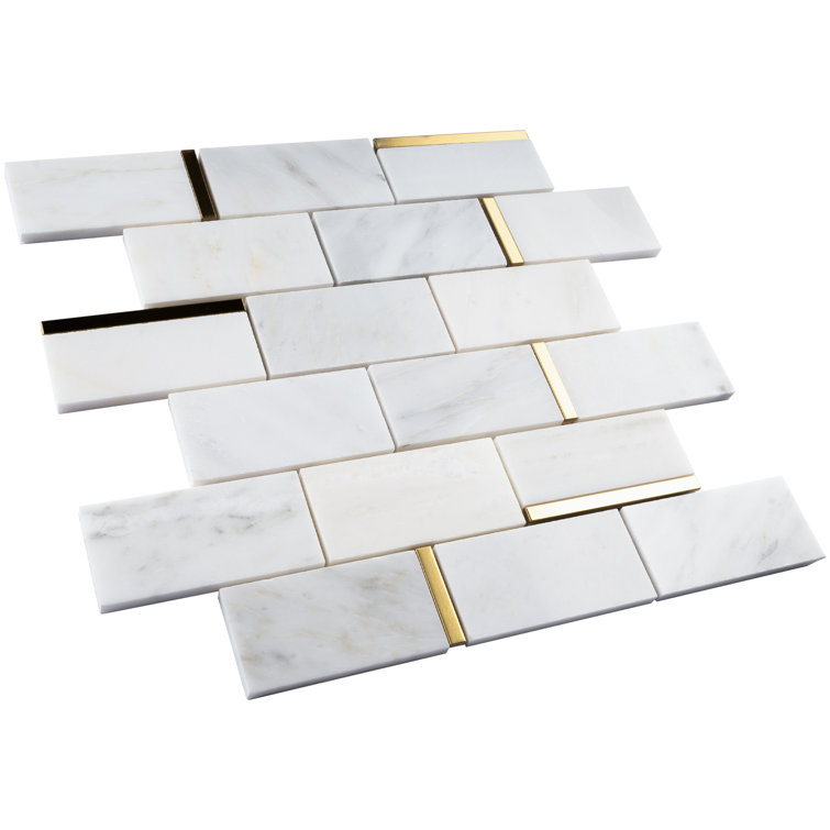 Gold and White Marble Brick Mosaic Wall Tile Sheet
