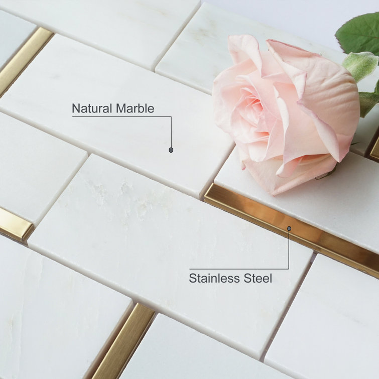 Gold and White Marble Brick Mosaic Wall Tile Sheet