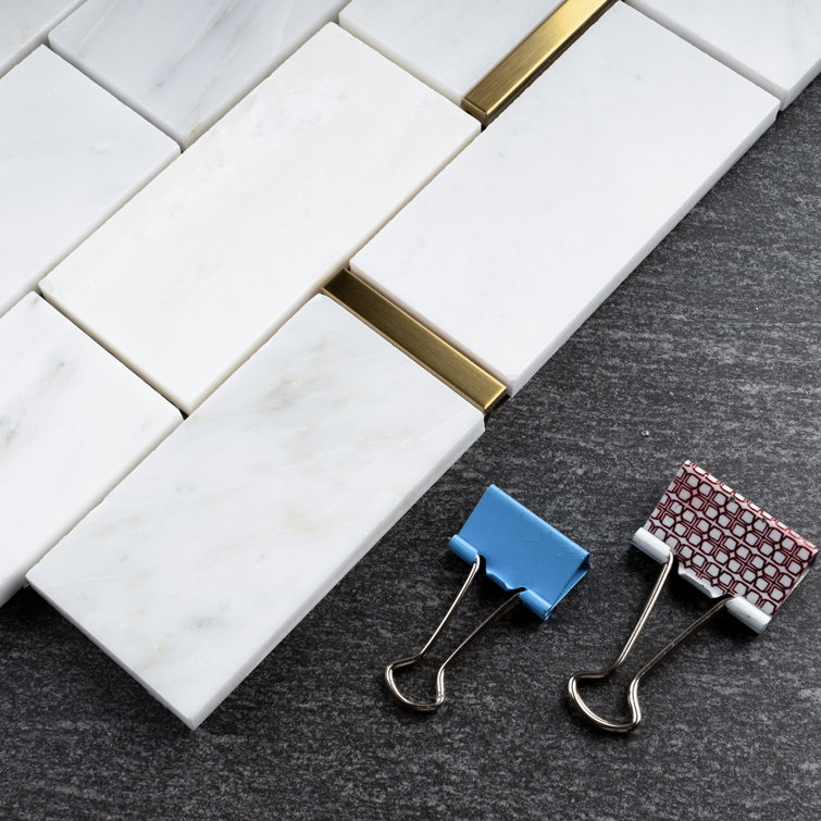 Gold and White Marble Brick Mosaic Wall Tile Sheet