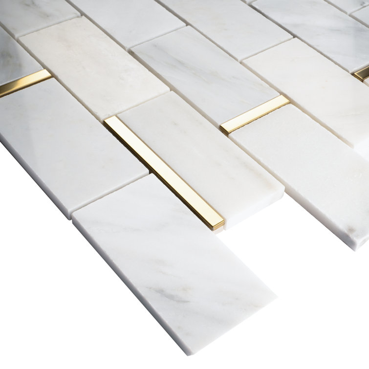 Gold and White Marble Brick Mosaic Wall Tile Sheet
